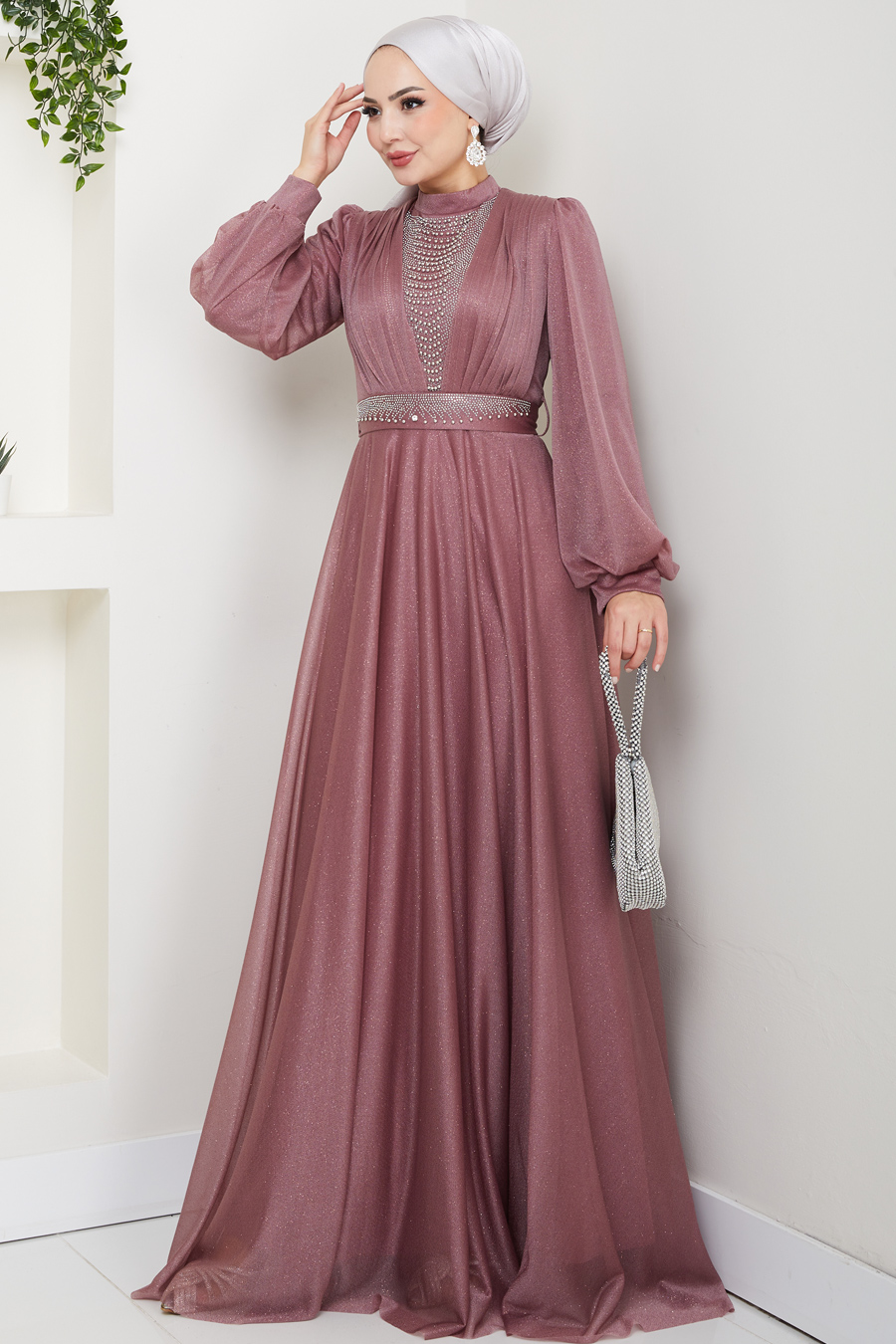 Önü Piliseli Kemerli Abiye Elbise - GÜL KURUSU