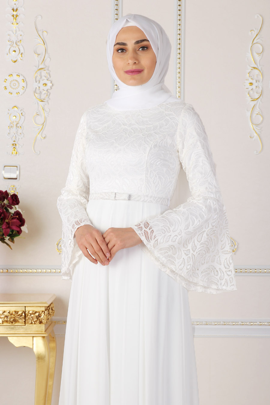 Volan Kol Tesettür Abiye Elbise - Ekru