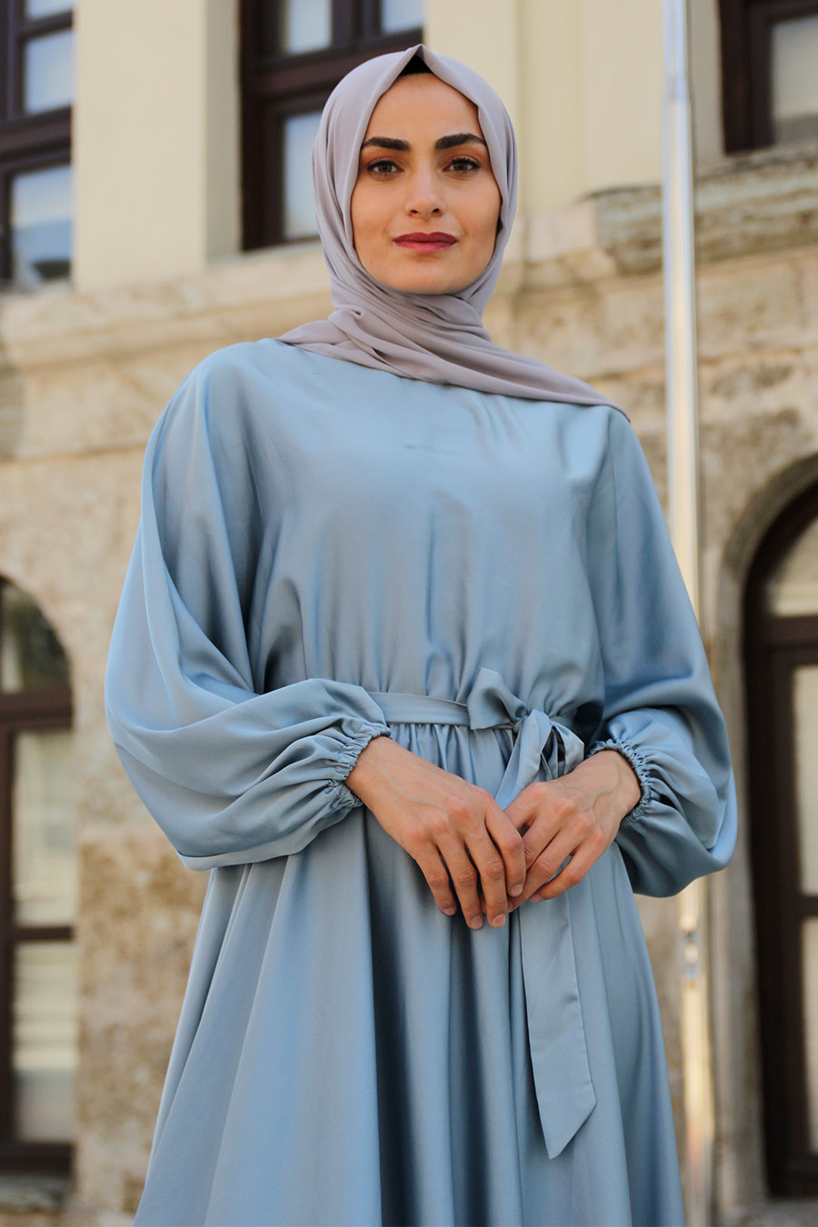Kloş Model Tesettür Abiye Elbise - Buz Mavisi