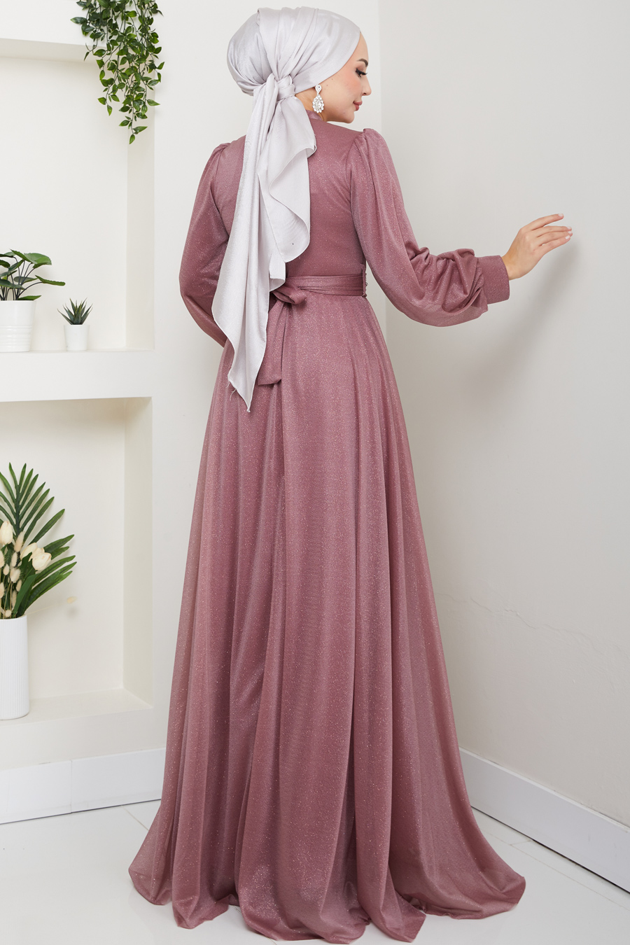 Önü Piliseli Kemerli Abiye Elbise - GÜL KURUSU