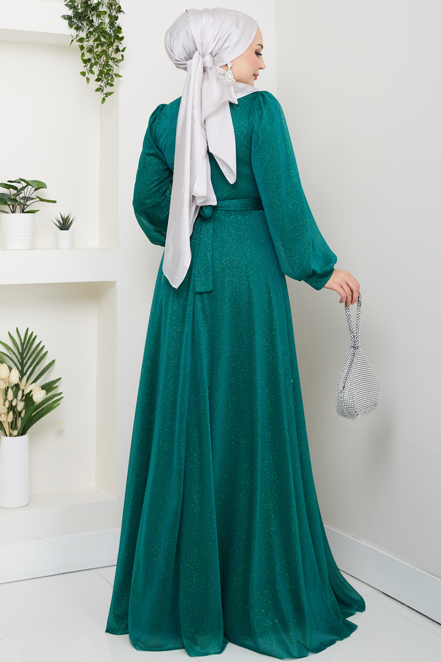 Önü Piliseli Kemerli Abiye Elbise -YEŞİL