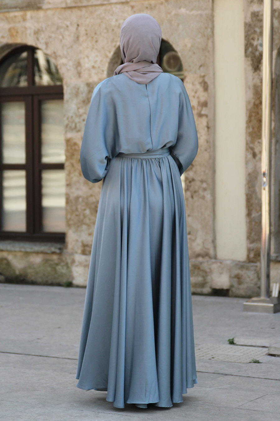 Kloş Model Tesettür Abiye Elbise - Buz Mavisi