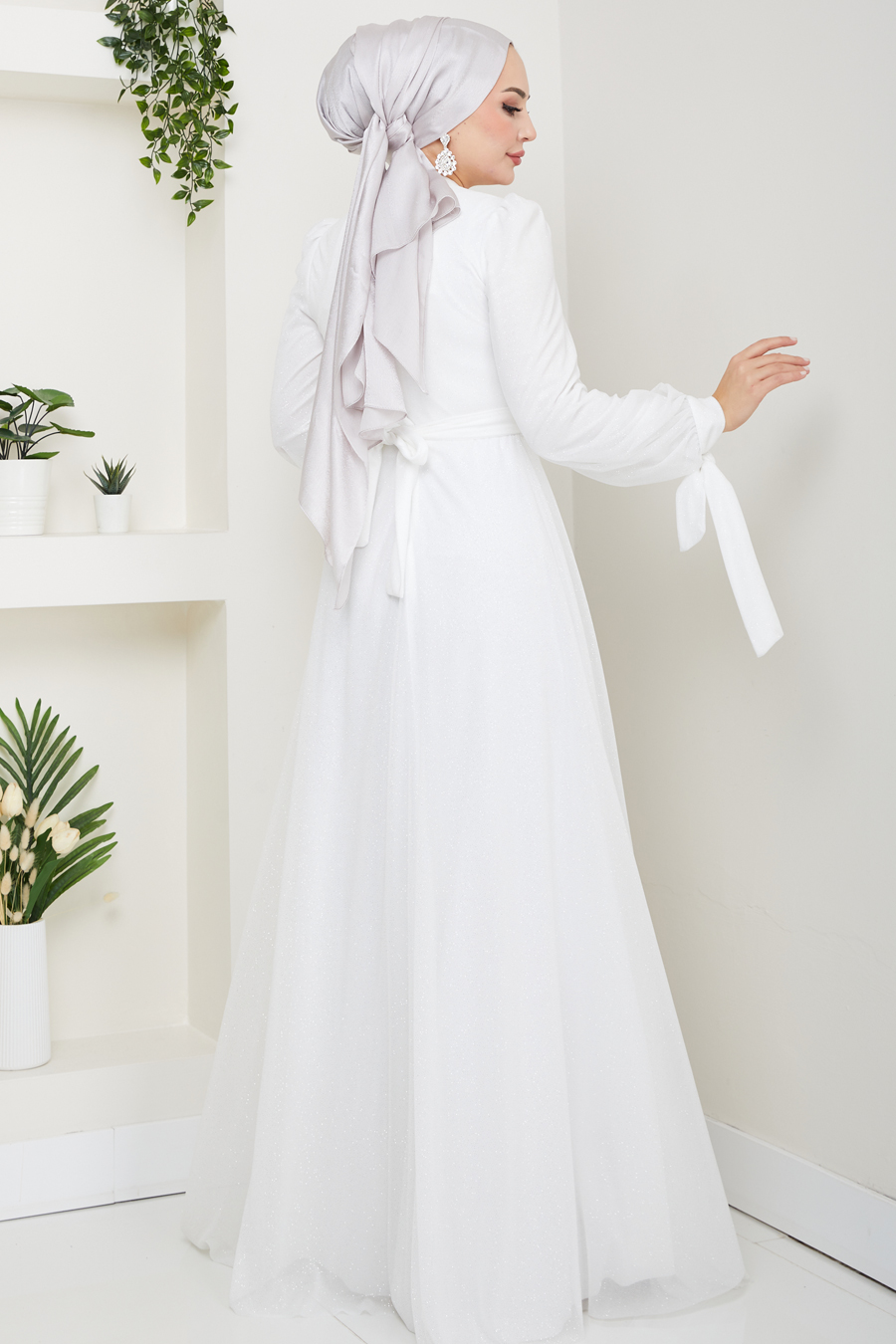 Kemerli Abiye Elbise - EKRU