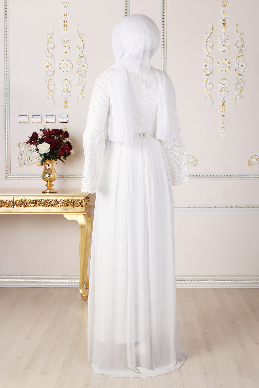 Volan Kol Tesettür Abiye Elbise - Ekru