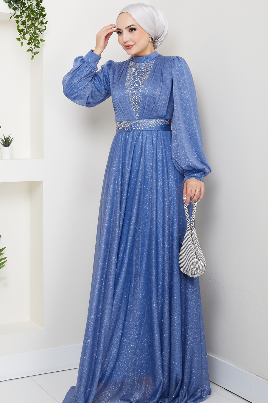 Önü Piliseli Kemerli Abiye Elbise - İNDİGO