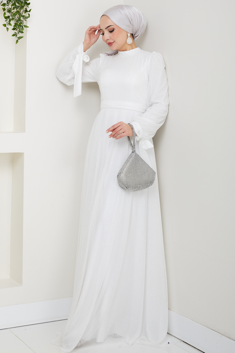 Kemerli Abiye Elbise - EKRU