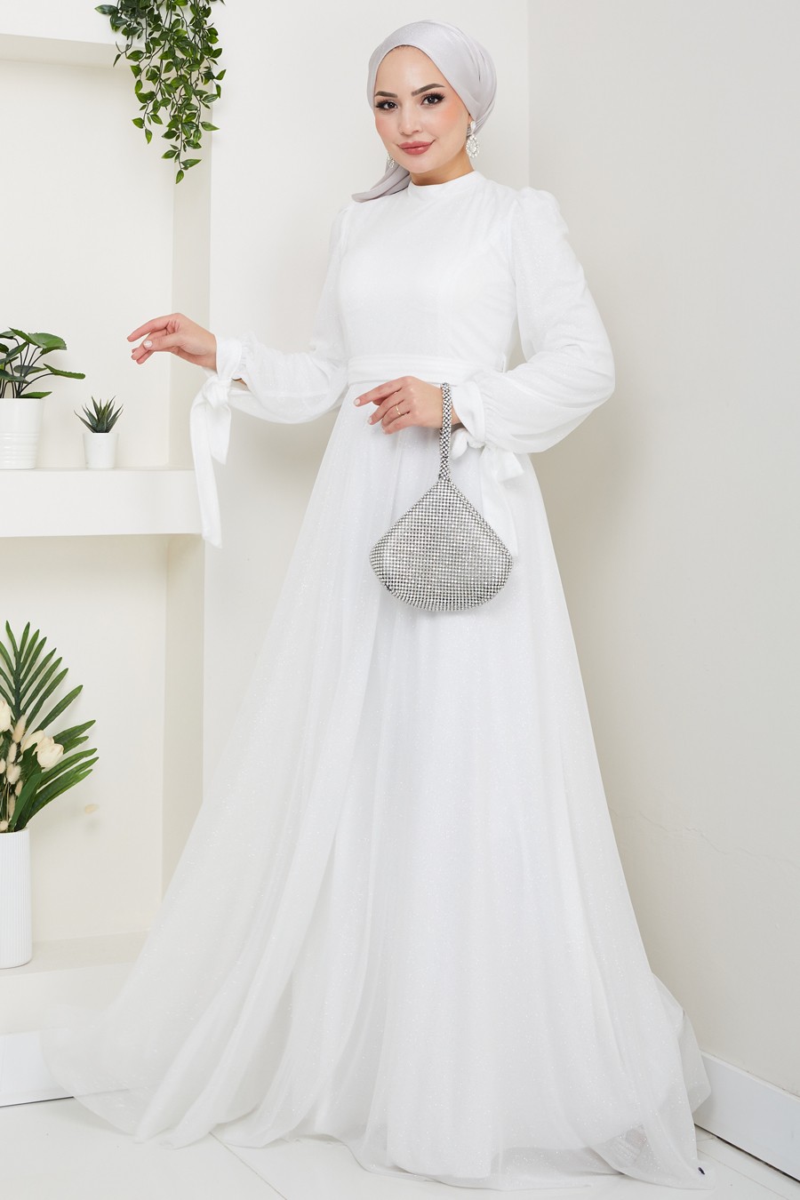 Kemerli Abiye Elbise - EKRU