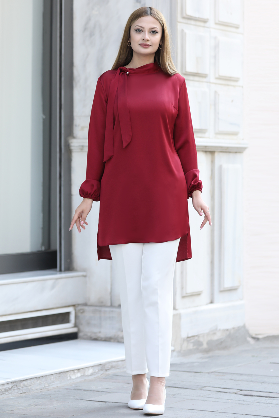 Yakası Bağlamalı Tunik -BORDO