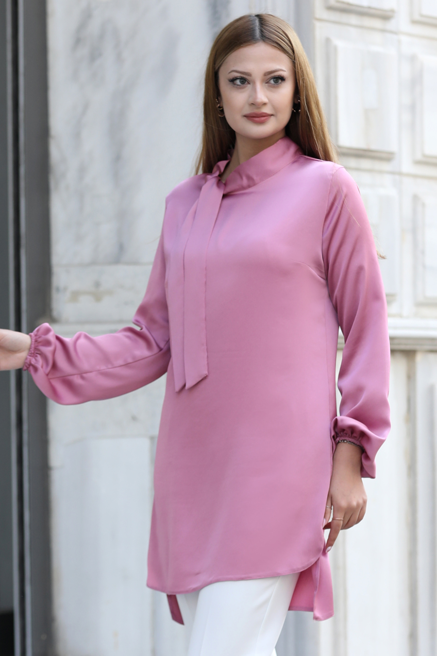 Yakası Bağlamalı Tunik -GÜL KURUSU