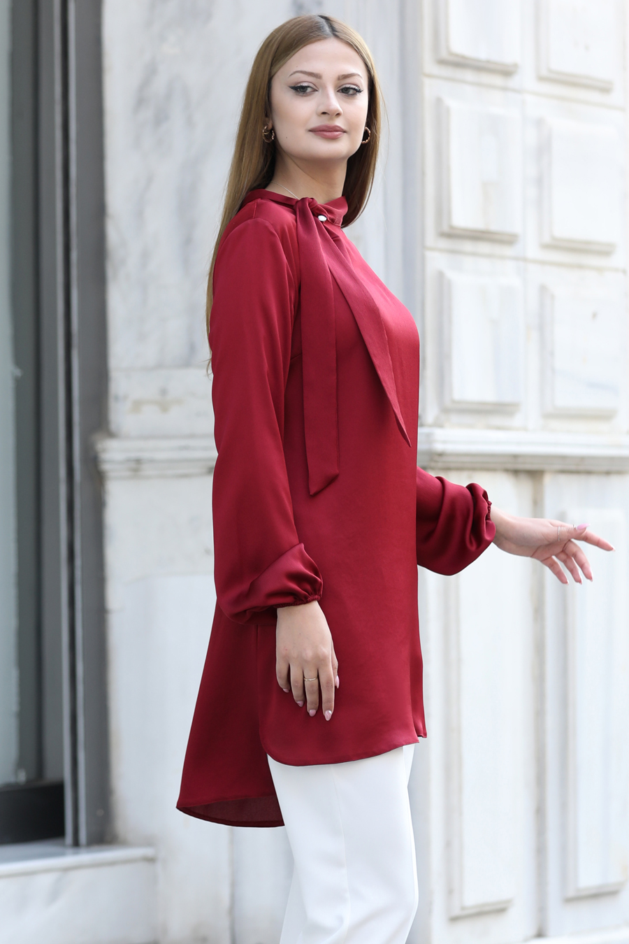 Yakası Bağlamalı Tunik -BORDO Yakası Bağlamalı Tunik -BORDO