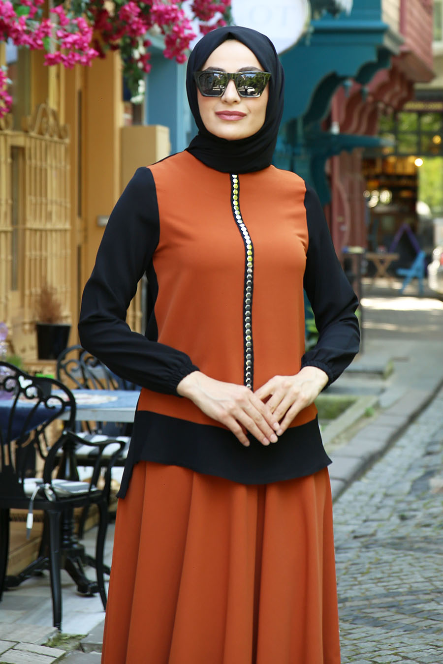 Çift Renk Etekli İkili Tesettür Takım - Kiremit