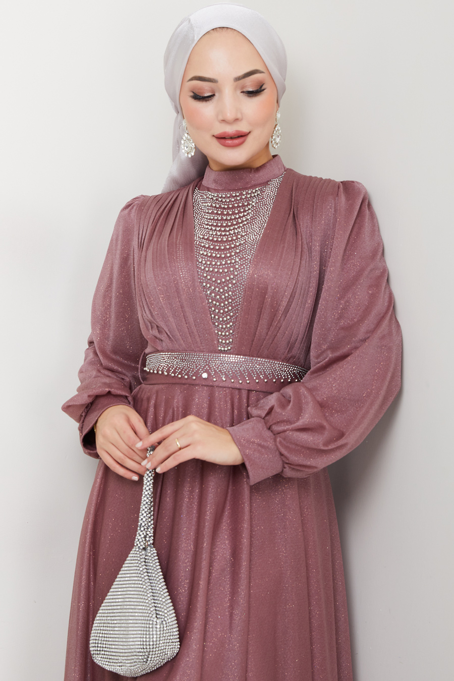 Önü Piliseli Kemerli Abiye Elbise - GÜL KURUSU