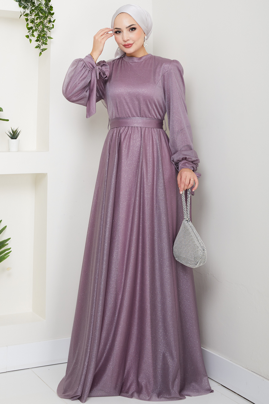 Kemerli Abiye Elbise - LİLA