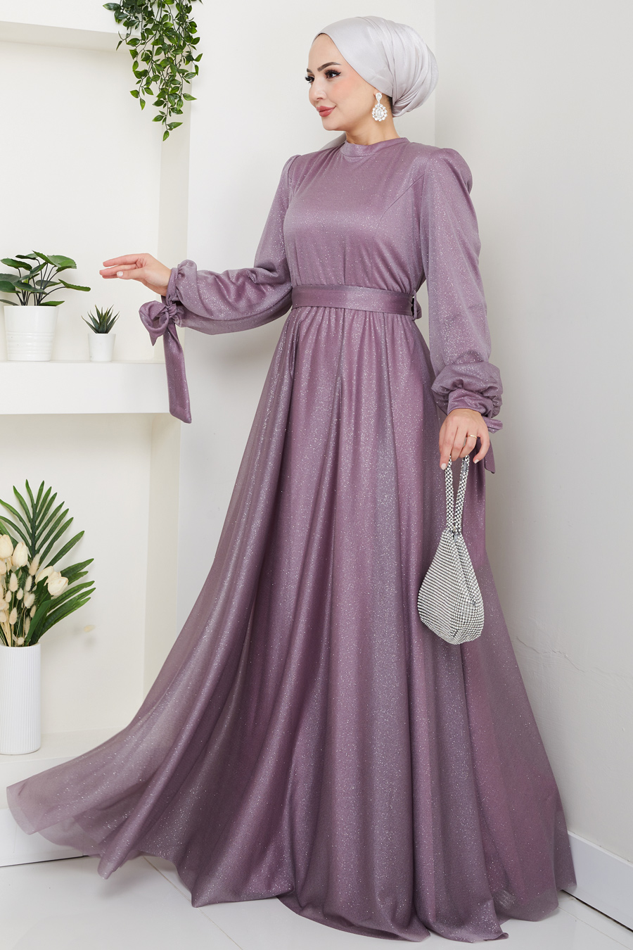 Kemerli Abiye Elbise - LİLA