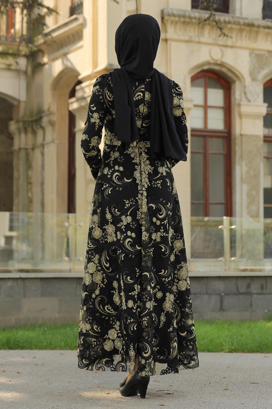 Desenli Tesettür Abiye Elbise - Siyah