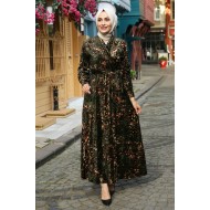 Çiçek Desenli Kadife Tesettür Elbise - Haki