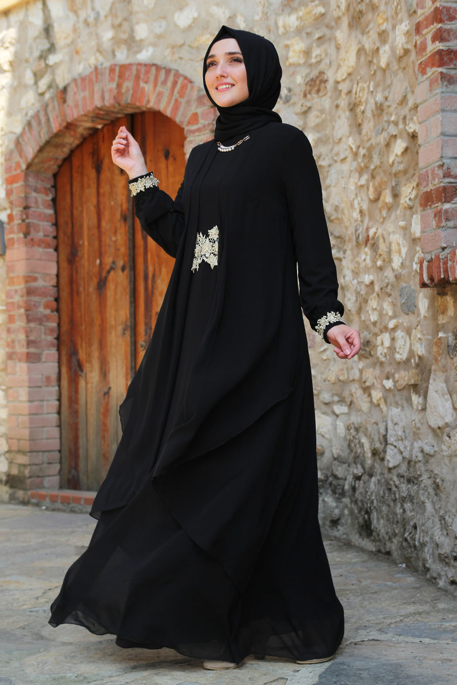 Beli Dantel Detaylı Siyah Tesettür Abiye Elbise