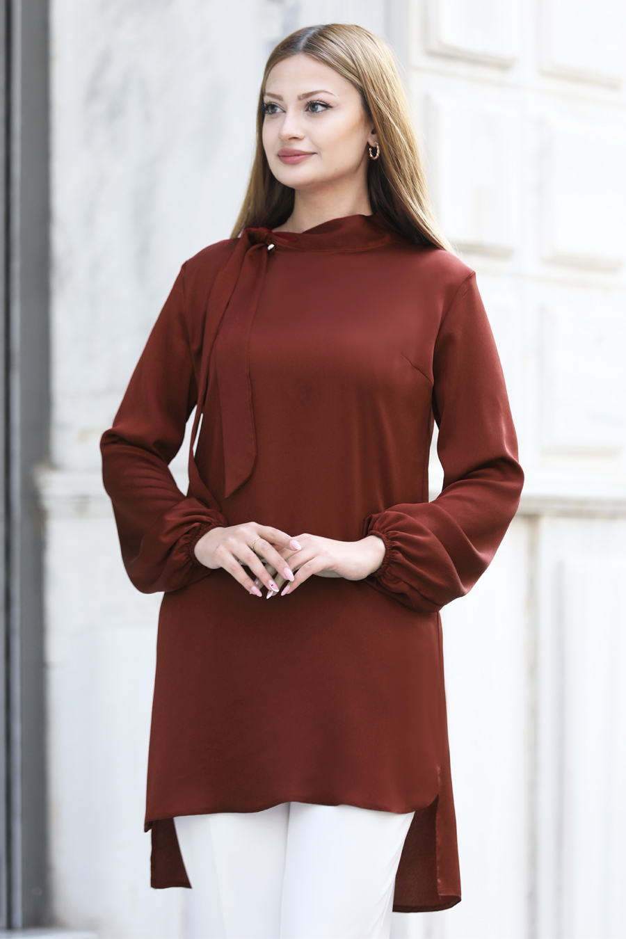 Yakası Bağlamalı Tunik -KİREMİT