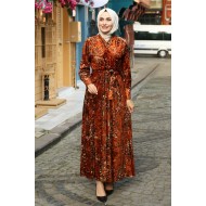 Çiçek Desenli Kadife Tesettür Elbise - Taba 