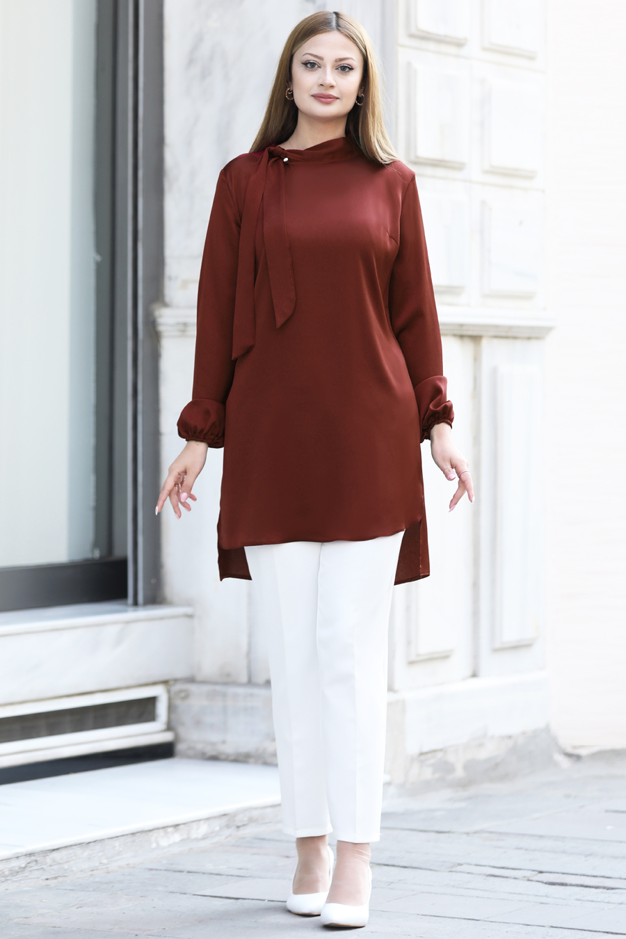 Yakası Bağlamalı Tunik -KİREMİT