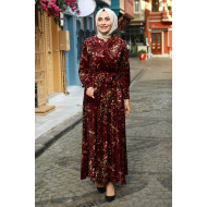 Çiçek Desenli Kadife Tesettür Elbise - Bordo 