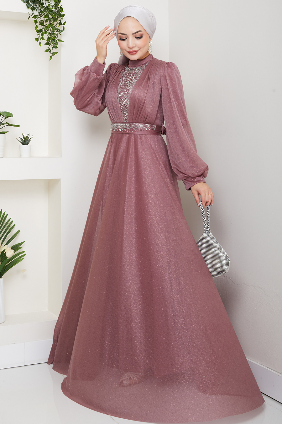 Önü Piliseli Kemerli Abiye Elbise - GÜL KURUSU