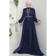 Önü Piliseli Kemerli Abiye Elbise -LACİVERT