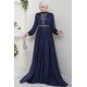 Önü Piliseli Kemerli Abiye Elbise -LACİVERT