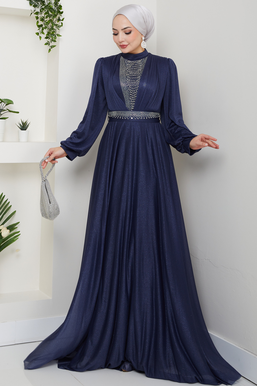 Önü Piliseli Kemerli Abiye Elbise -LACİVERT