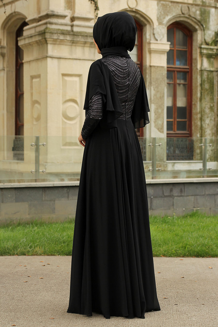 Payet Detaylı Tesettür Abiye Elbise - Siyah