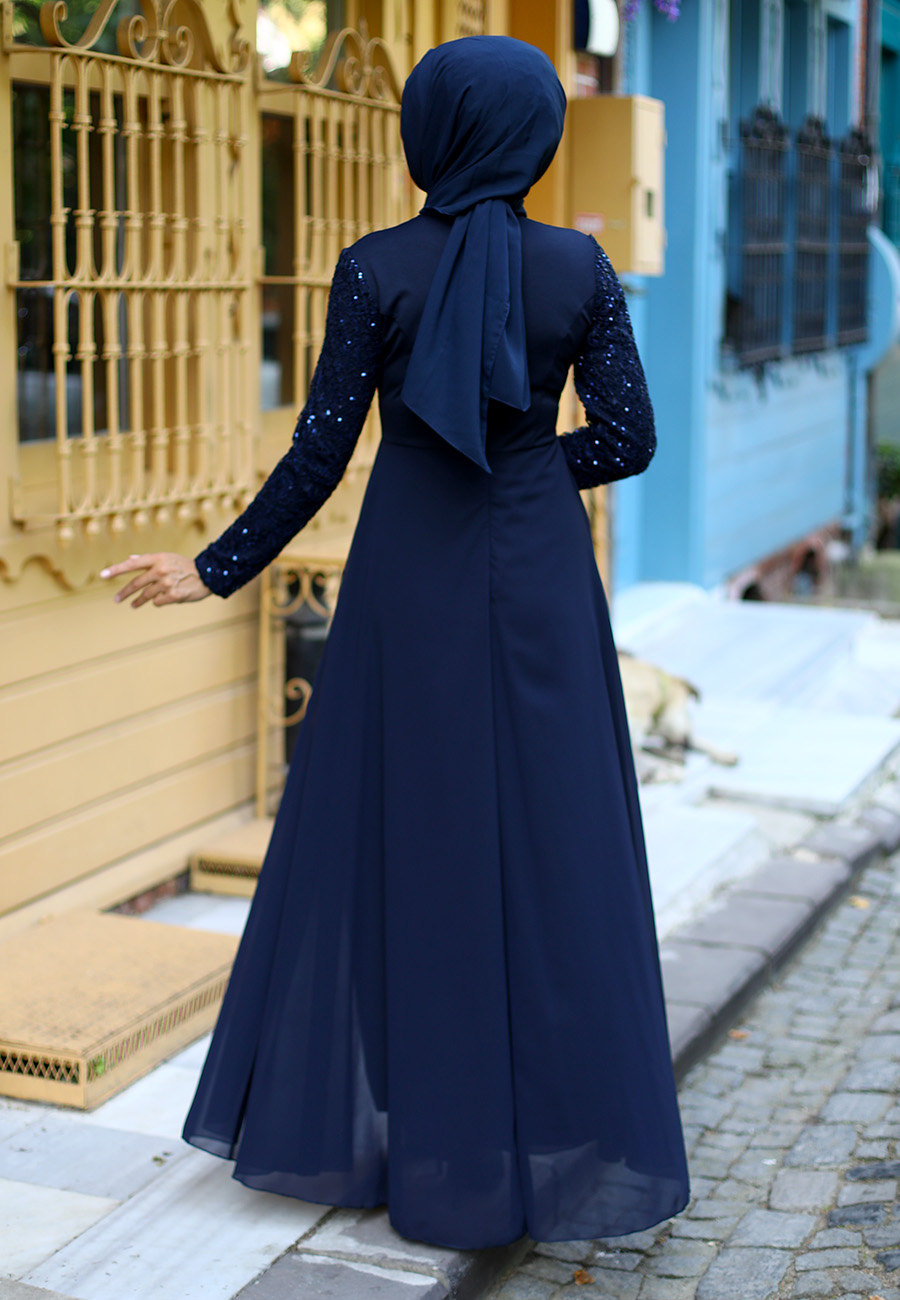 Taş İşleme Kemerli Payet Detaylı  Tesettür Abiye Elbise - Lacivert