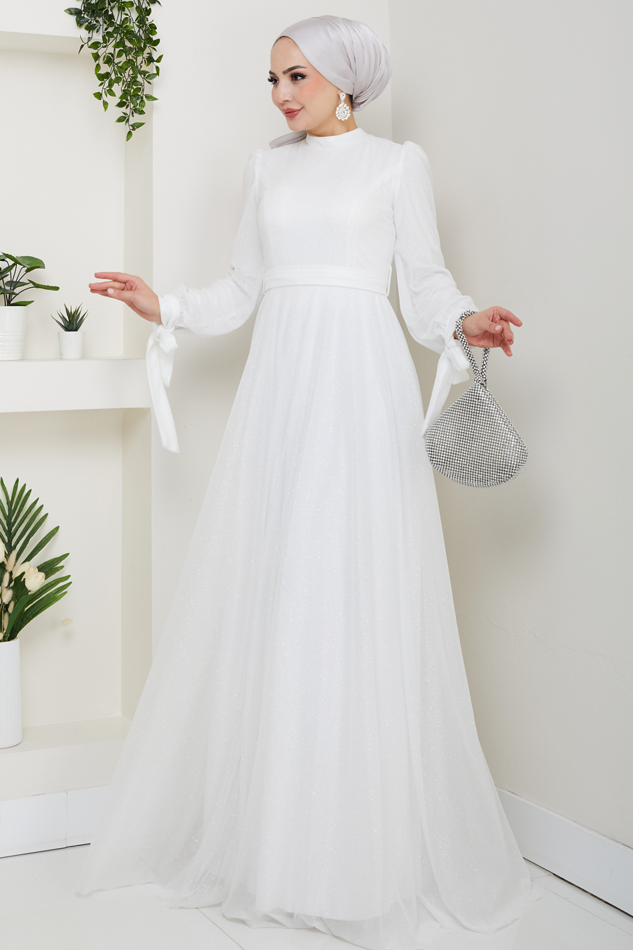 Kemerli Abiye Elbise - EKRU