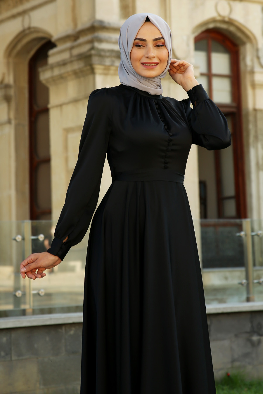 Saten Tesettür Abiye Elbise - Siyah