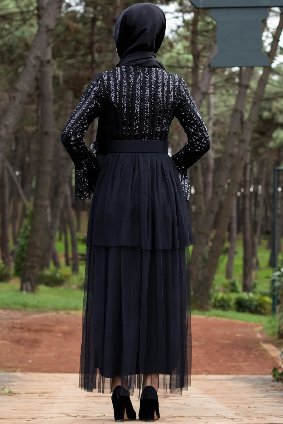 Payetli Tesettür Abiye Elbise - Siyah