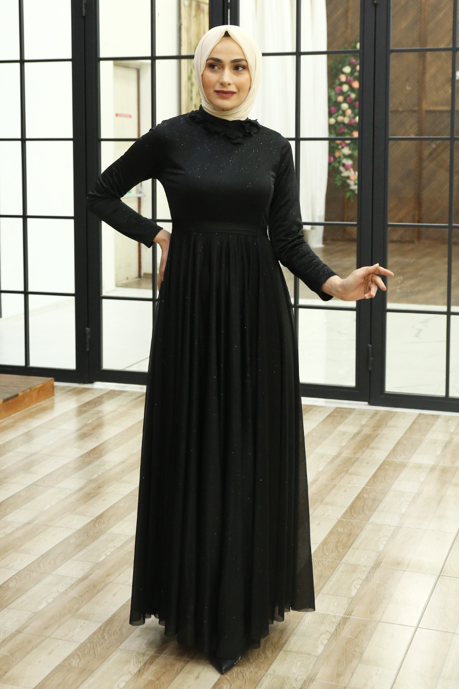 Simli Tesettür Abiye Elbise - Siyah