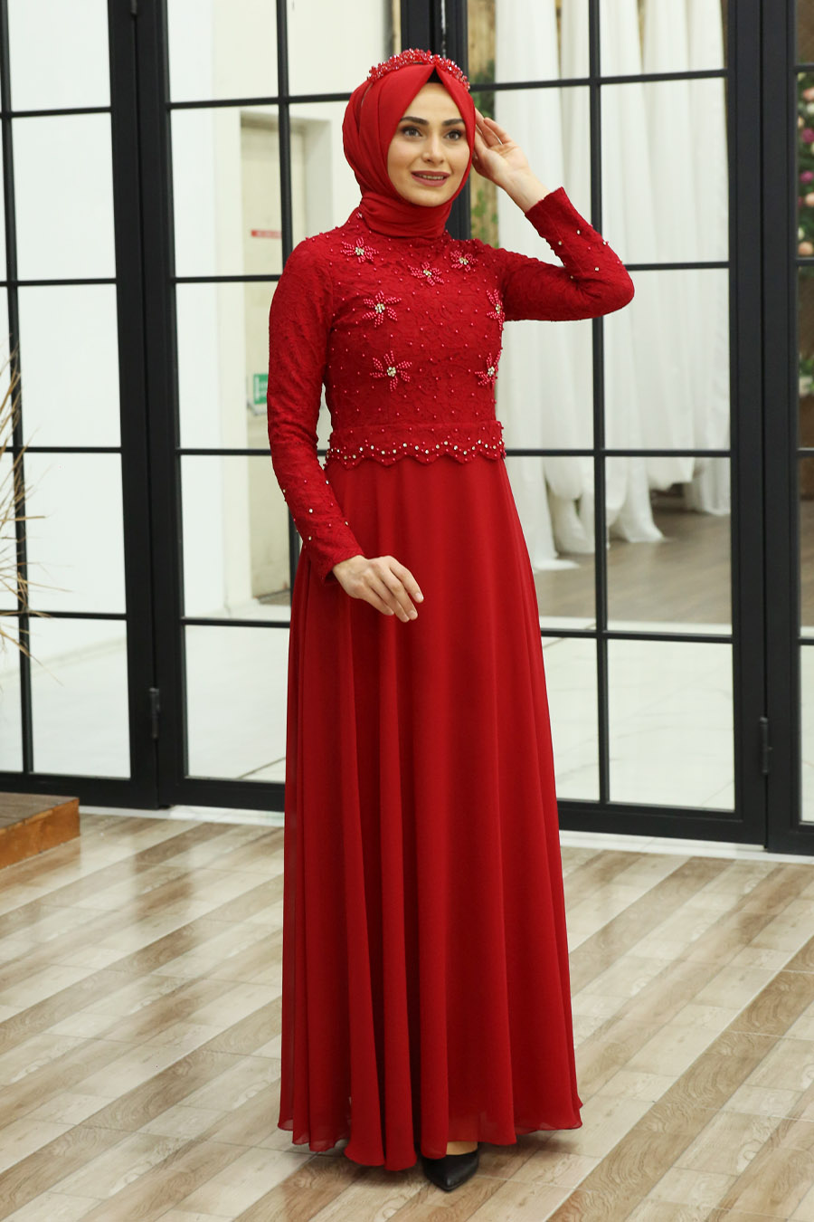 Taş Detaylı Tesettür Abiye Elbise - Kırmızı 