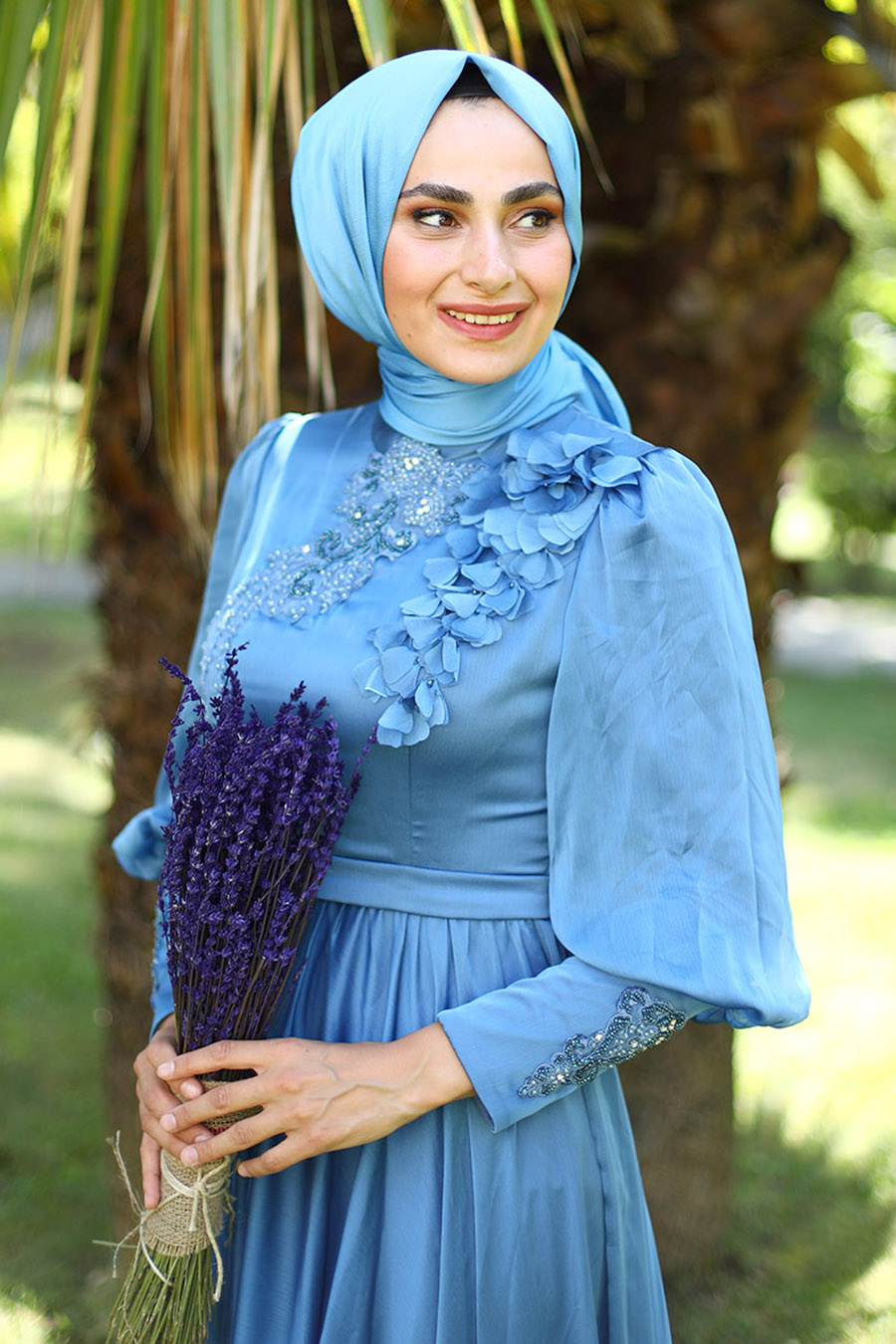 Taş Detaylı Tesettür Abiye Elbise - Mavi