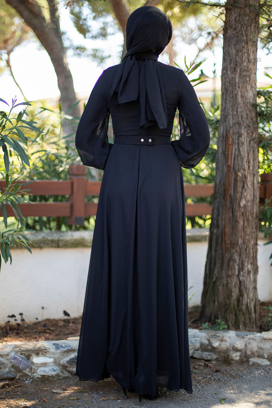 Taş Kemerli Drapeli Tesettür Abiye Elbise - Siyah