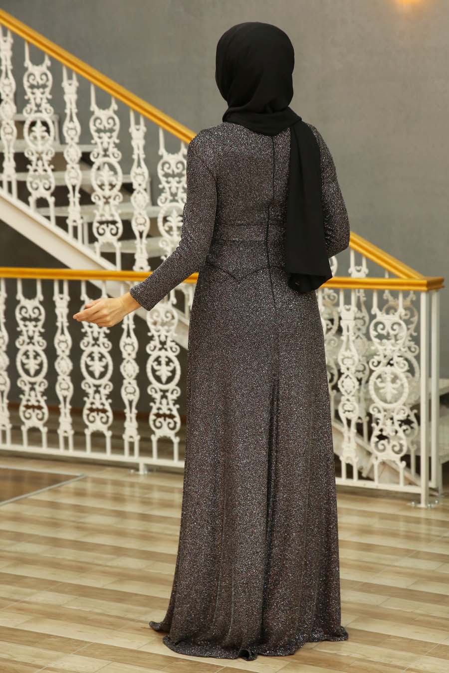 Taş Kemer Detaylı Tesettür Abiye Elbise - Siyah 