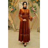 Taşlı Kadife Tesettür Elbise - Kiremit 