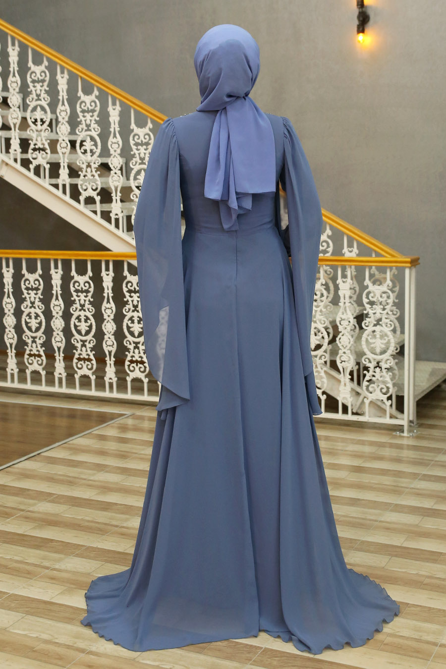 Taş Detaylı Tesettür Abiye Elbise - İndigo