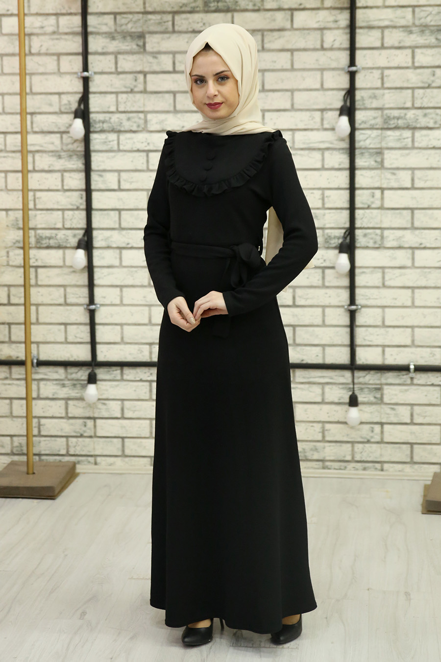 Triko Fırfırlı Tesettür Elbise - Siyah