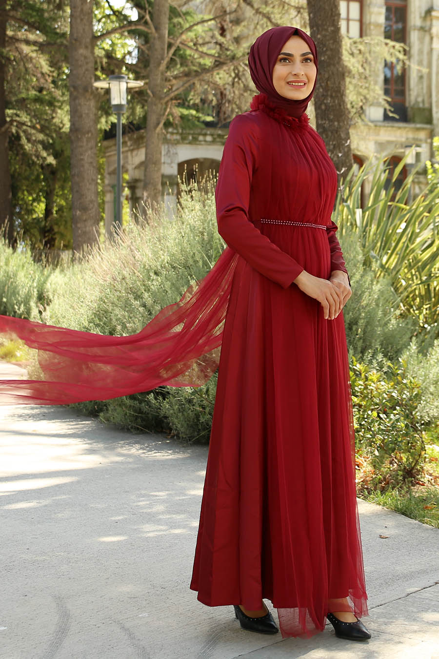 Tül Detaylı Saten Tesettür Abiye Elbise - Bordo