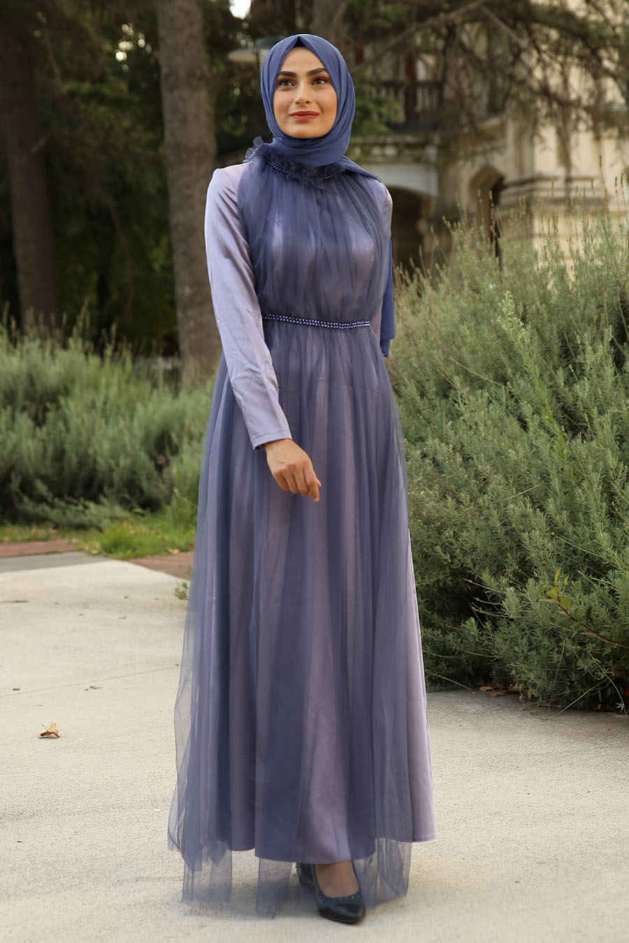Tül Detaylı Saten Tesettür Abiye Elbise - İndigo