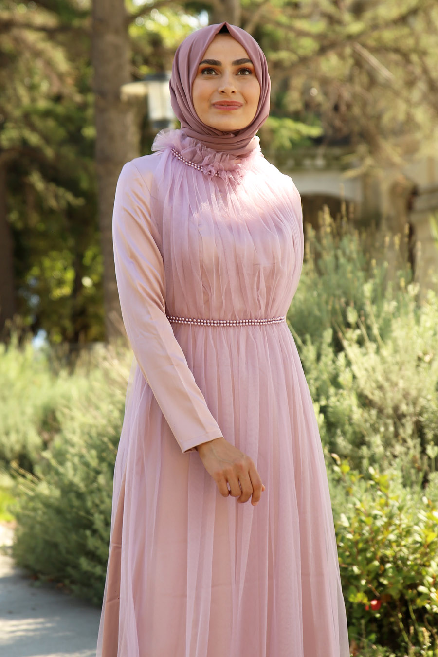 Tül Detaylı Saten Tesettür Abiye Elbise - Pudra Tül Detaylı Saten Tesettür Abiye Elbise - Pudra