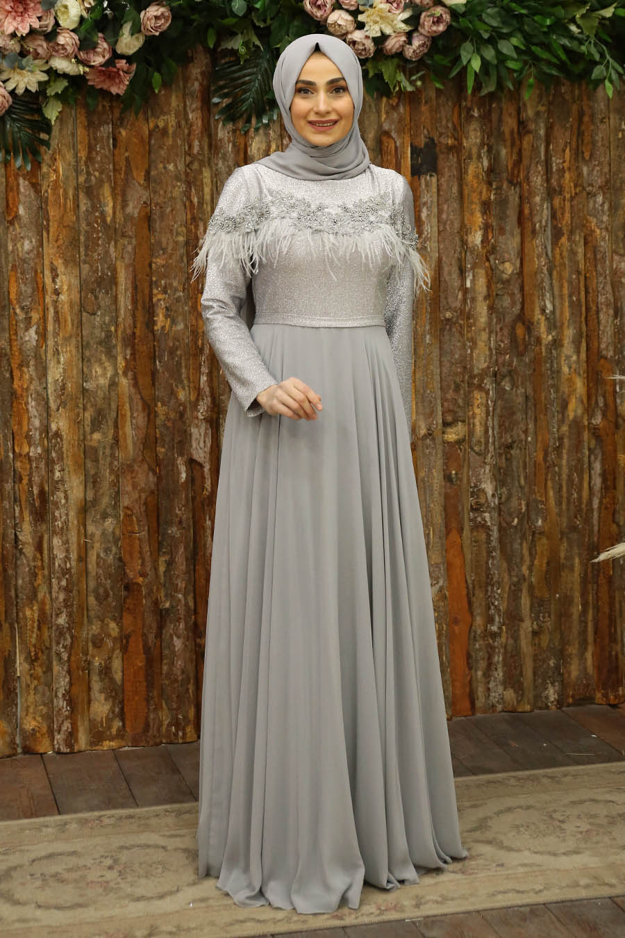 Tüy Detaylı Tesettür Abiye Elbise - Grey