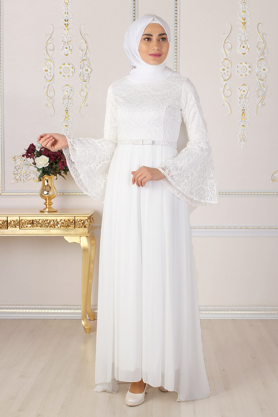 Volan Kol Tesettür Abiye Elbise - Ekru